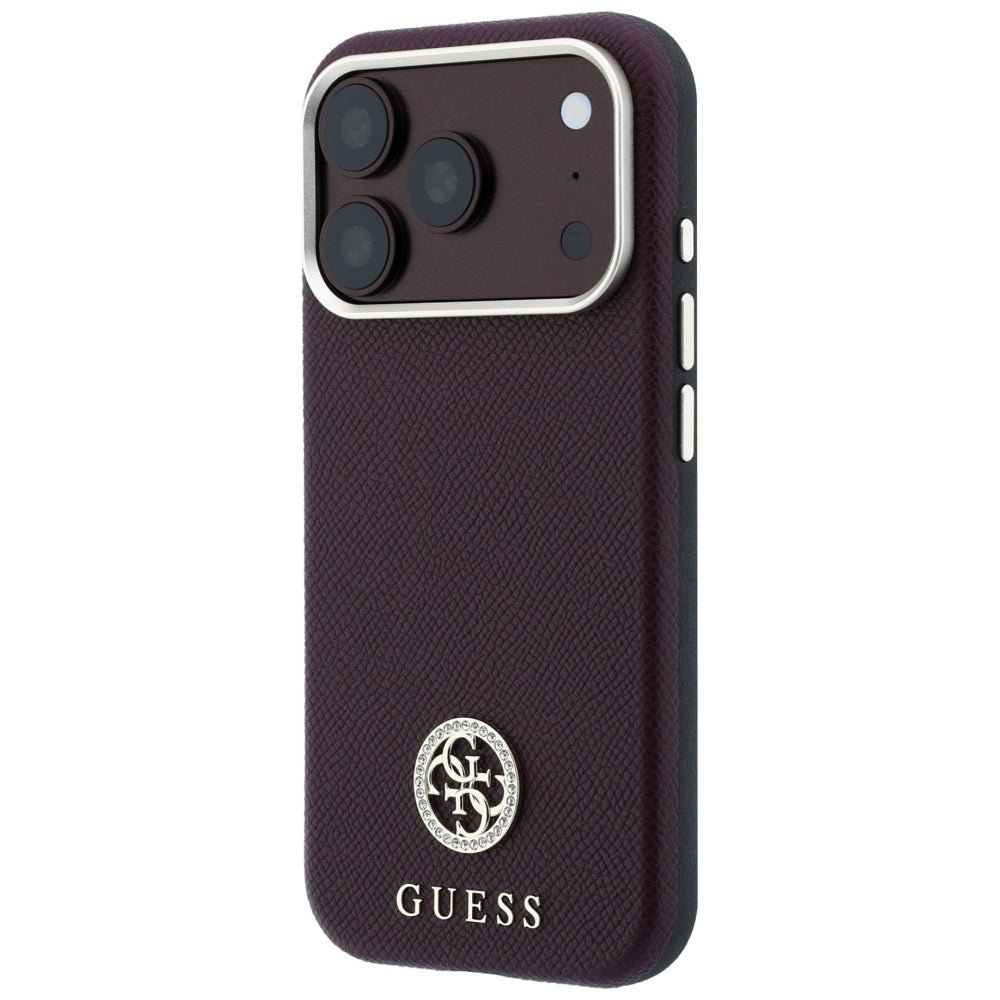 Guess iPhone 18 Pro Max / iPhone 17 Pro Max- Σκληρή Θήκη με Πλαίσιο Σιλικόνης και Συνθετικό Δέρμα MagSafe - Grained Round Strass Logo - Burgundy