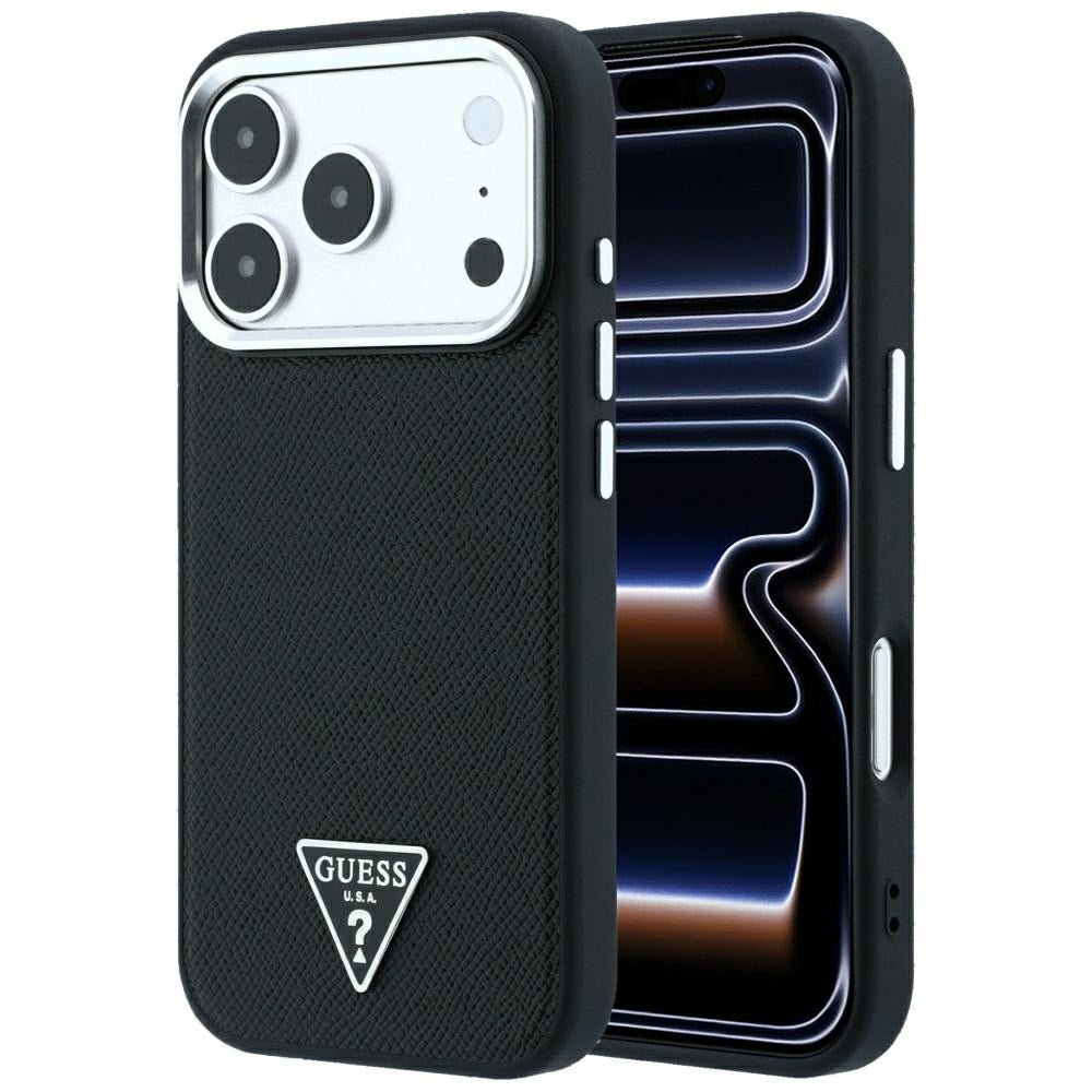 Guess iPhone 18 Pro Max / iPhone 17 Pro Max - Σκληρή Θήκη με Πλαίσιο Σιλικόνης και Συνθετικό Δέρμα MagSafe - Grained Triangle Logo - Black