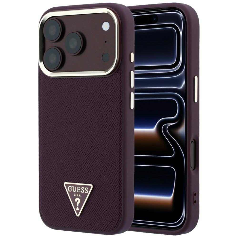 Guess iPhone 18 Pro Max / iPhone 17 Pro Max - Σκληρή Θήκη με Πλαίσιο Σιλικόνης και Συνθετικό Δέρμα MagSafe - Grained Triangle Logo - Burgundy
