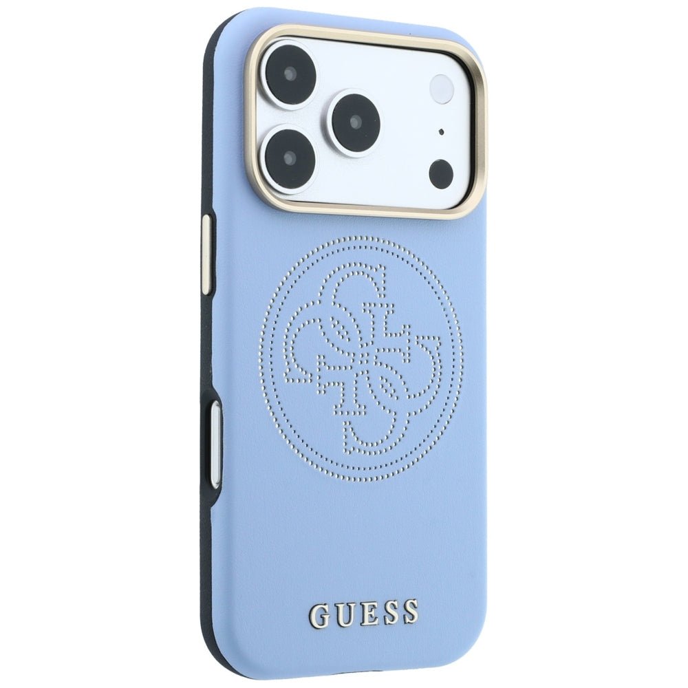 Guess iPhone 18 Pro Max / iPhone 17 Pro Max - Θήκη με Επένδυση Συνθετικού Δέρματος MagSafe - Perforated 4G Gold Logo - Light Blue