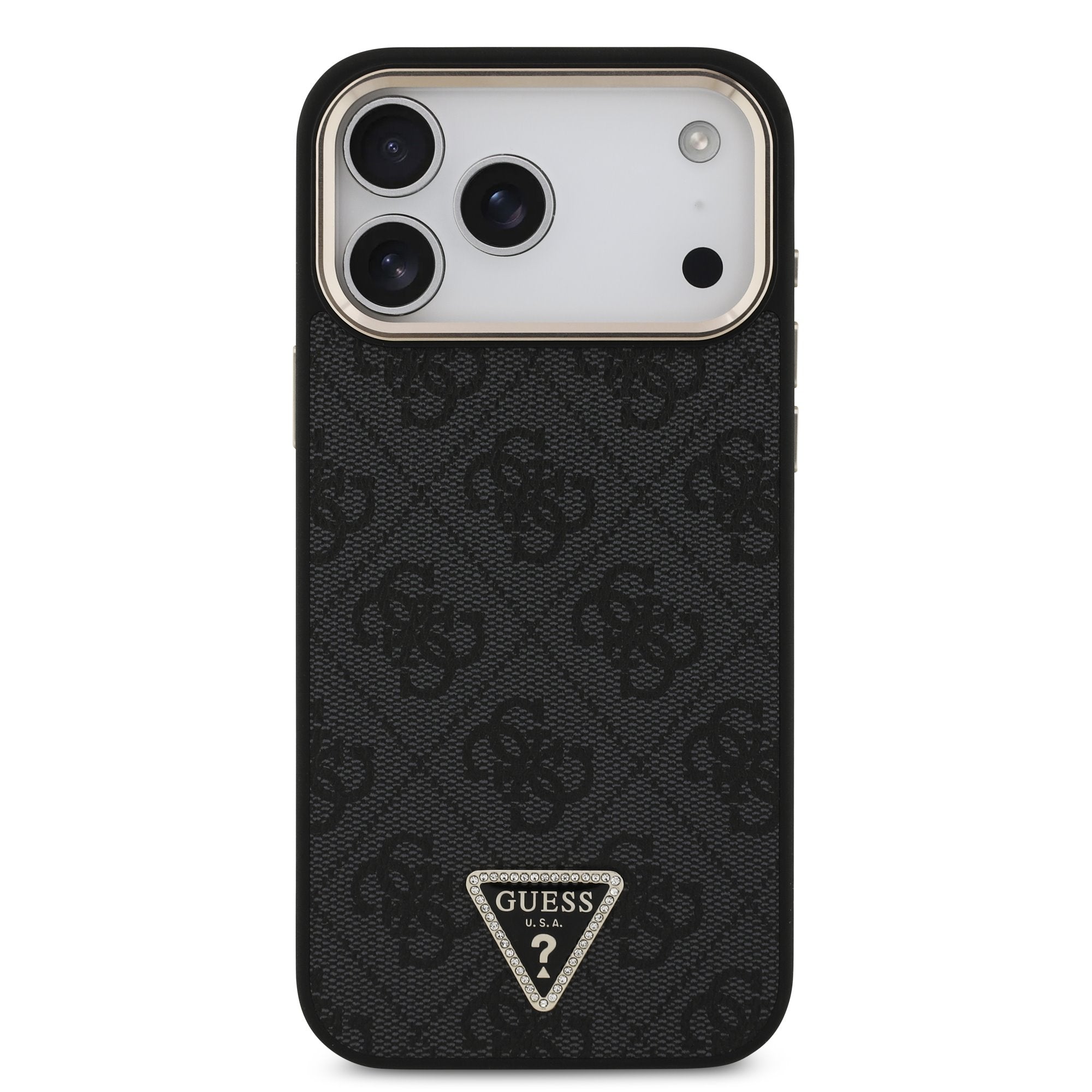 Guess iPhone 17 Pro Max / iPhone 18 Pro Max - Σκληρή Θήκη με Πλαίσιο Σιλικόνης και Επένδυση Συνθετικού Δέρματος - PU Leather 4G Strass Triangle Logo Gold Frame MagSafe - Black