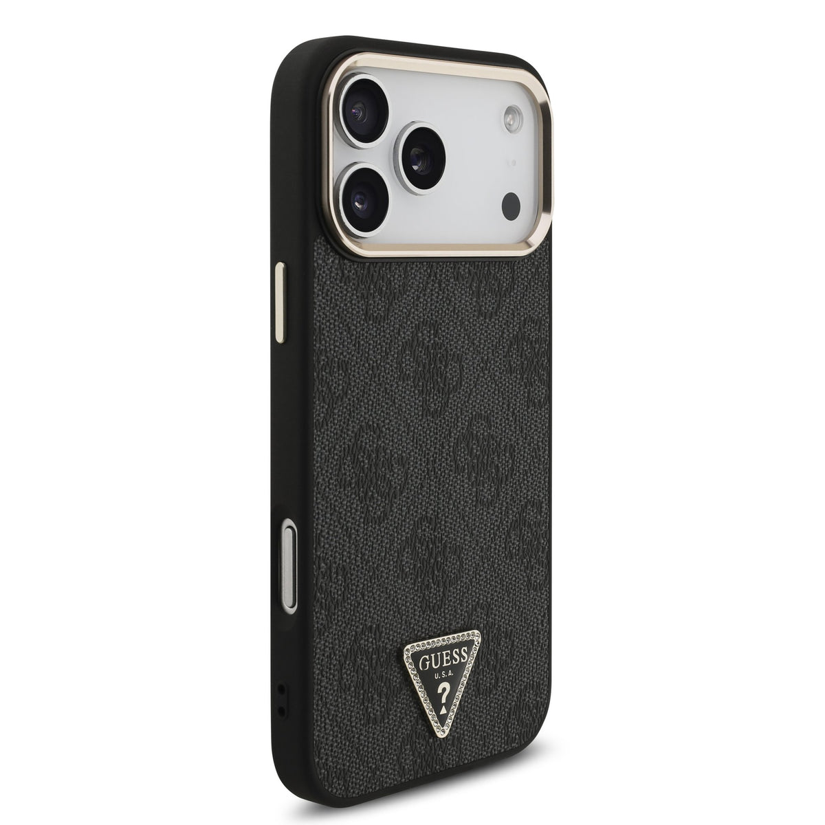 Guess iPhone 17 Pro Max / iPhone 18 Pro Max - Σκληρή Θήκη με Πλαίσιο Σιλικόνης και Επένδυση Συνθετικού Δέρματος - PU Leather 4G Strass Triangle Logo Gold Frame MagSafe - Black