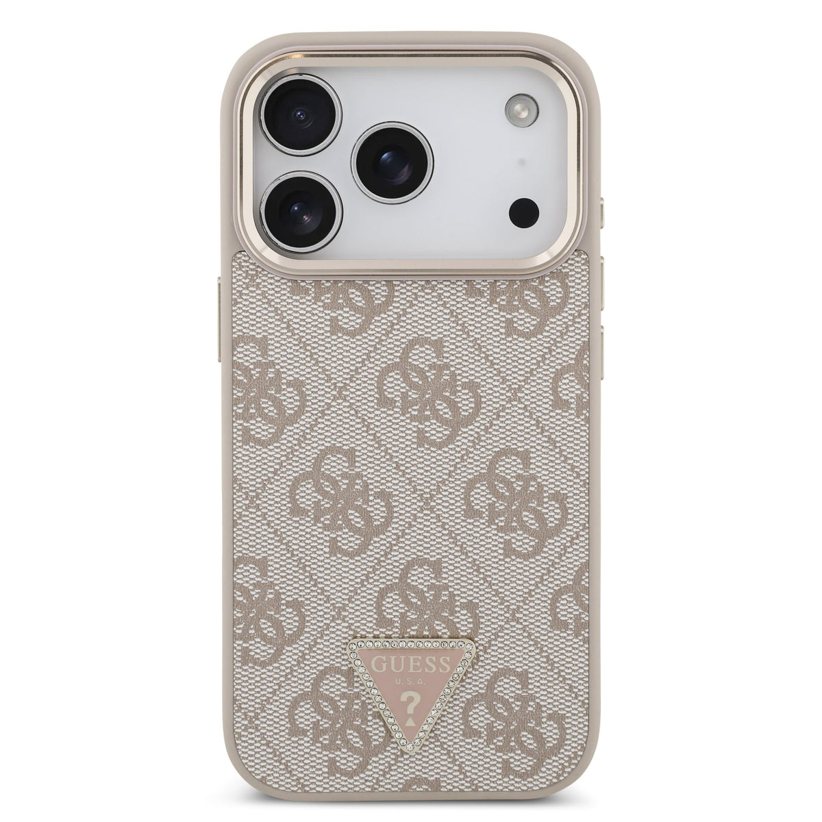 Guess iPhone 17 Pro / iPhone 18 Pro - Σκληρή Θήκη με Πλαίσιο Σιλικόνης και Επένδυση Συνθετικού Δέρματος - PU Leather 4G Strass Triangle Logo Gold Frame MagSafe - Pink