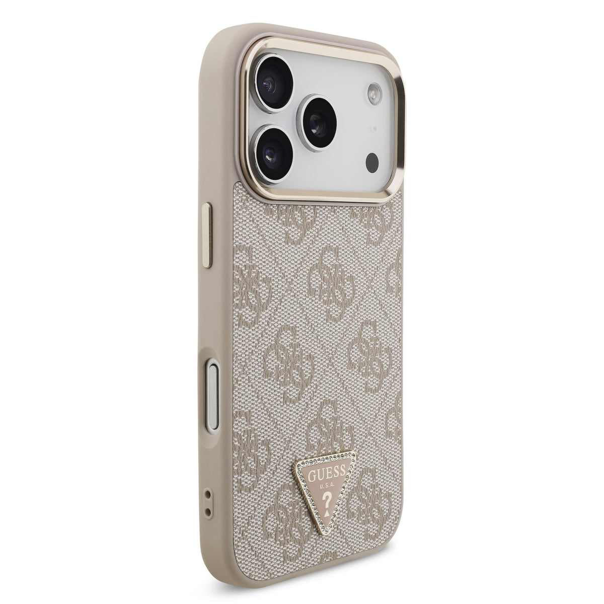 Guess iPhone 17 Pro / iPhone 18 Pro - Σκληρή Θήκη με Πλαίσιο Σιλικόνης και Επένδυση Συνθετικού Δέρματος - PU Leather 4G Strass Triangle Logo Gold Frame MagSafe - Pink