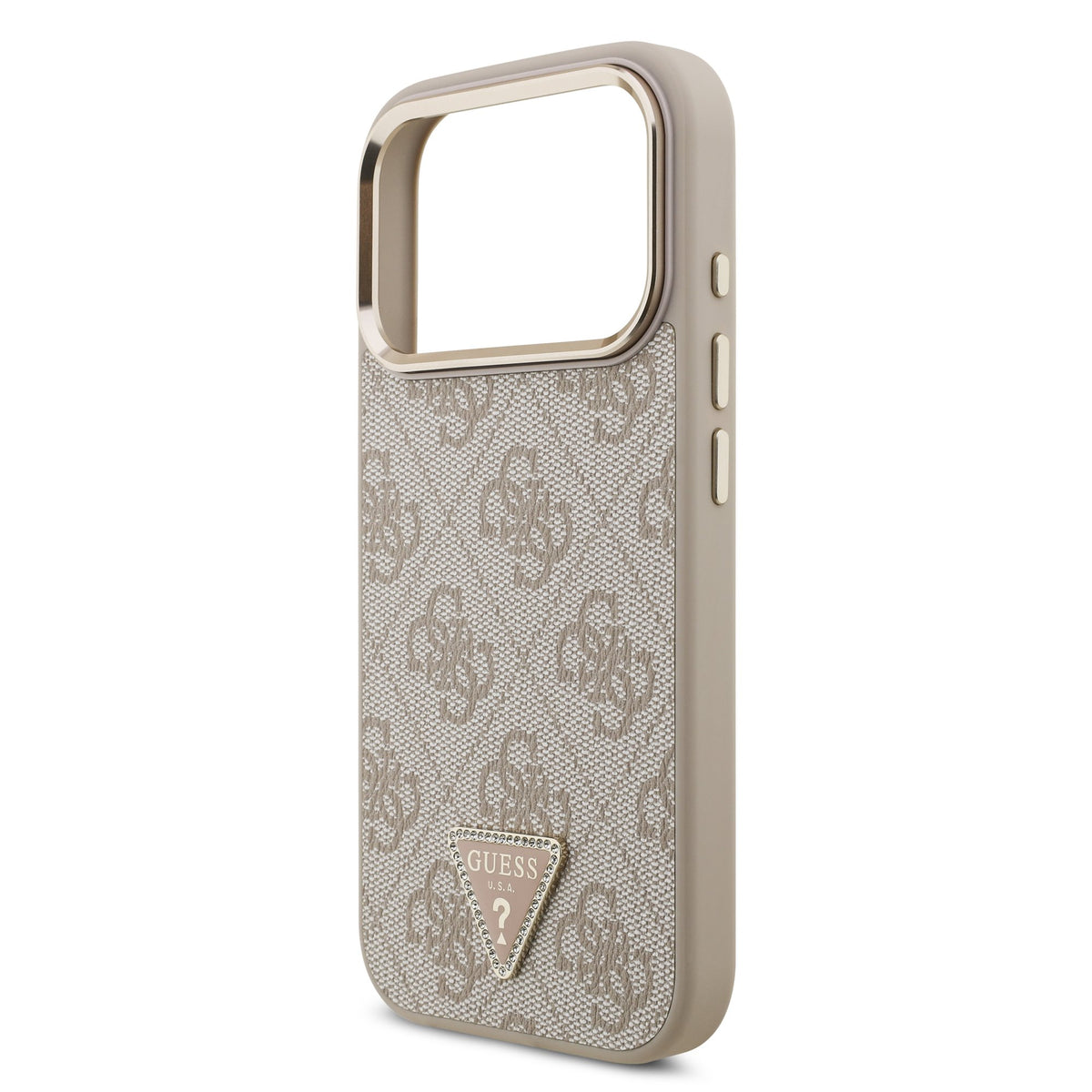 Guess iPhone 17 Pro / iPhone 18 Pro - Σκληρή Θήκη με Πλαίσιο Σιλικόνης και Επένδυση Συνθετικού Δέρματος - PU Leather 4G Strass Triangle Logo Gold Frame MagSafe - Pink