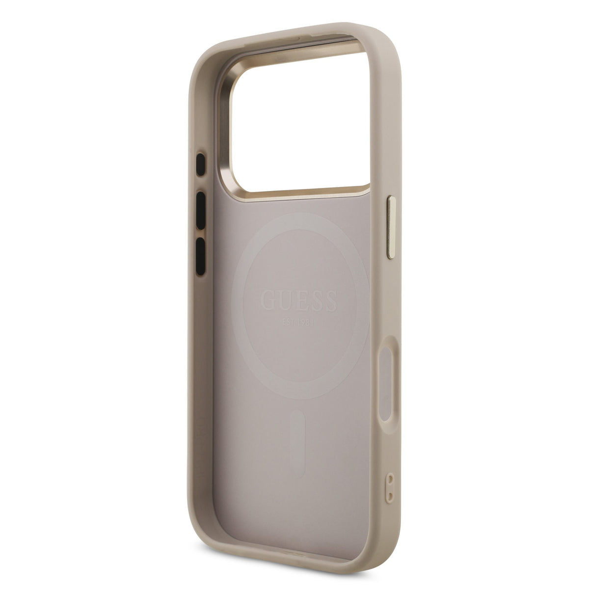 Guess iPhone 17 Pro / iPhone 18 Pro - Σκληρή Θήκη με Πλαίσιο Σιλικόνης και Επένδυση Συνθετικού Δέρματος - PU Leather 4G Strass Triangle Logo Gold Frame MagSafe - Pink