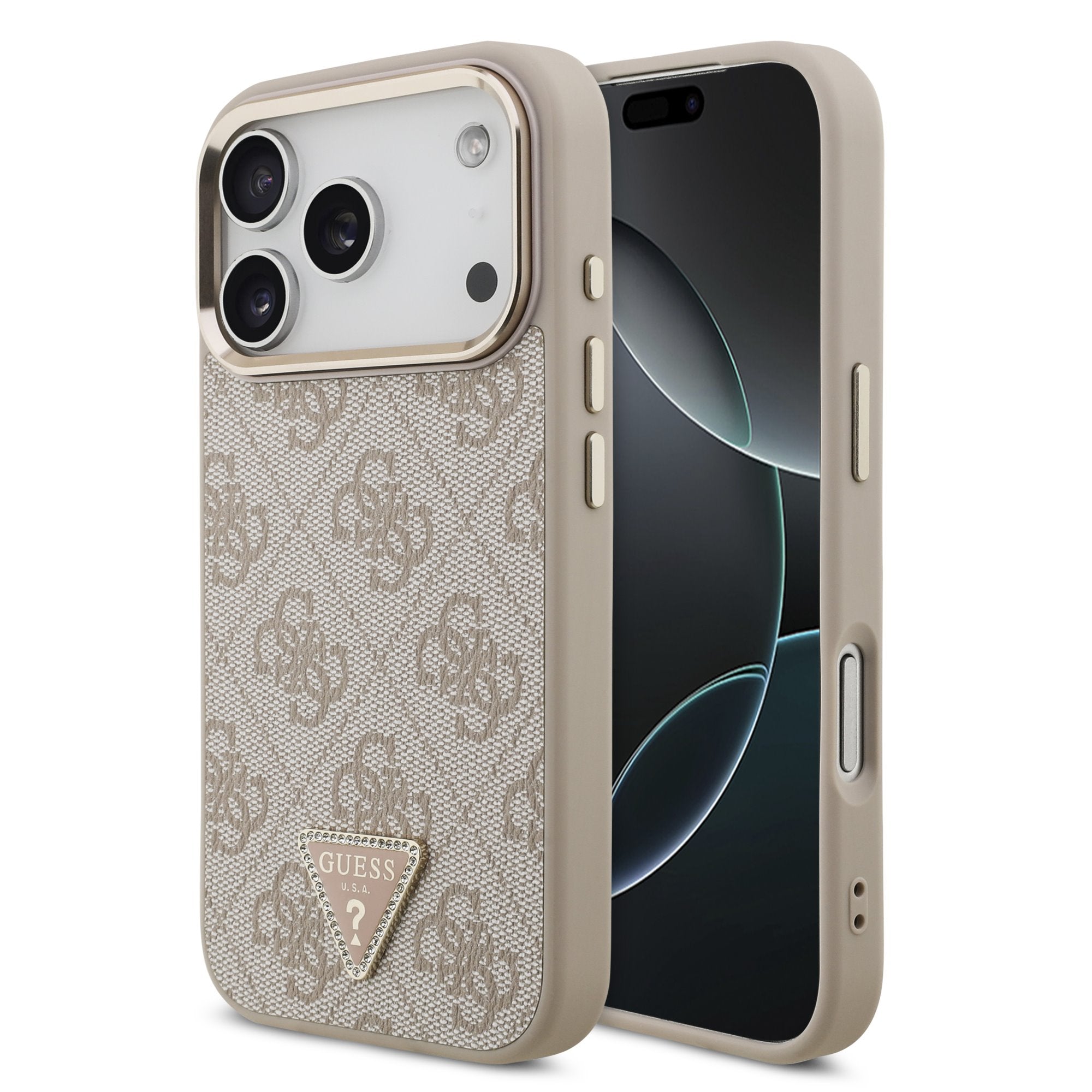 Guess iPhone 17 Pro / iPhone 18 Pro - Σκληρή Θήκη με Πλαίσιο Σιλικόνης και Επένδυση Συνθετικού Δέρματος - PU Leather 4G Strass Triangle Logo Gold Frame MagSafe - Pink