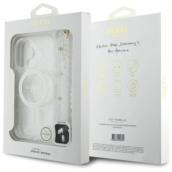 Guess iPhone 16 - IML Glitter With Pearl Strap MagSafe - Σκληρή Θήκη με Πλαίσιο Σιλικόνης και Λουράκι - Διάφανη - GUHMP16SHGCRELST
