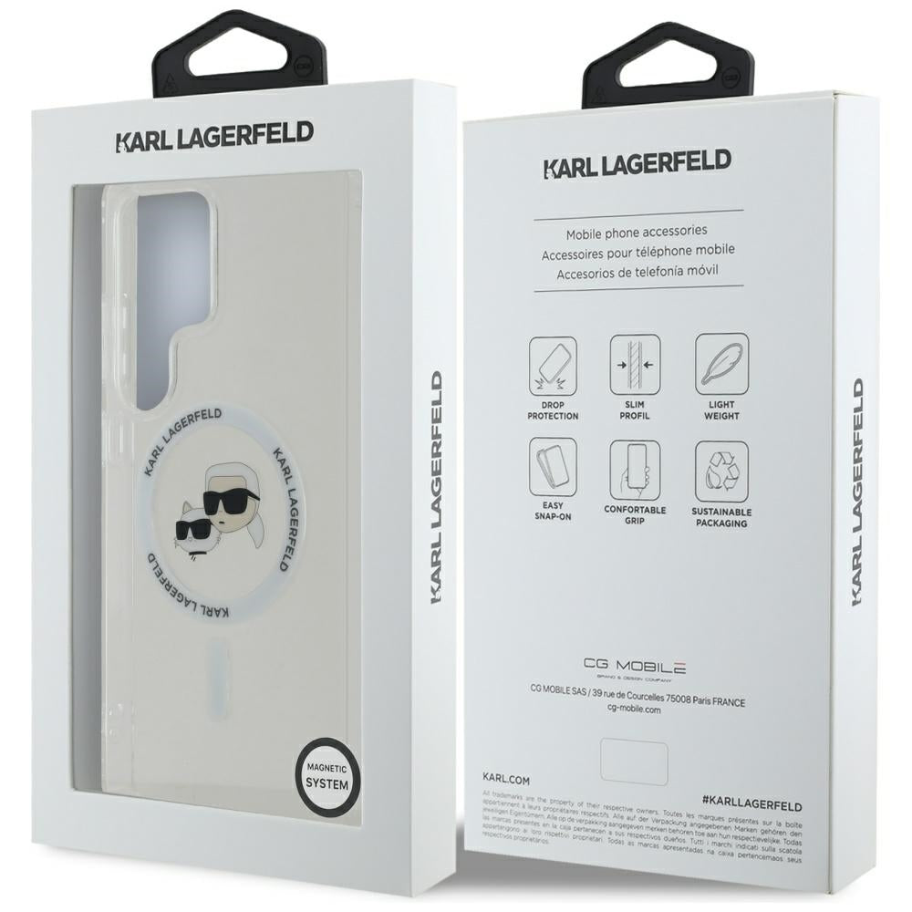 Karl Lagerfeld Samsung Galaxy S25 Ultra - Button Karl and Choupette Heads Printed Logo - MagSafe Σκληρή Θήκη με Πλαίσιο Σιλικόνης - White - KLHMS25LHLSKCH