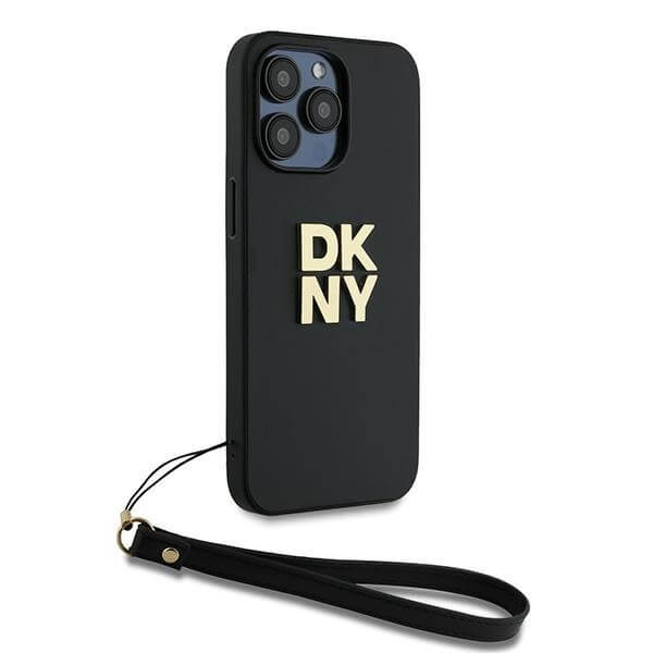DKNY iPhone 15 Pro Max - Wrist Strap Stock Logo - Σκληρή Θήκη με Επένδυση Συνθετικού Δέρματος με Λουράκι - Black