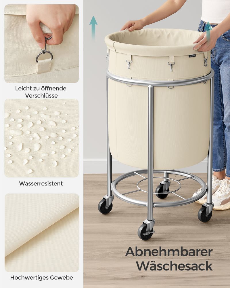 Songmics Τροχήλατο Καλάθι Απλύτων με Ατσάλινο Σκελετό και Αποσπώμενη Θήκη Ρούχων - 110L - Cream White / Silver - RLS002W01