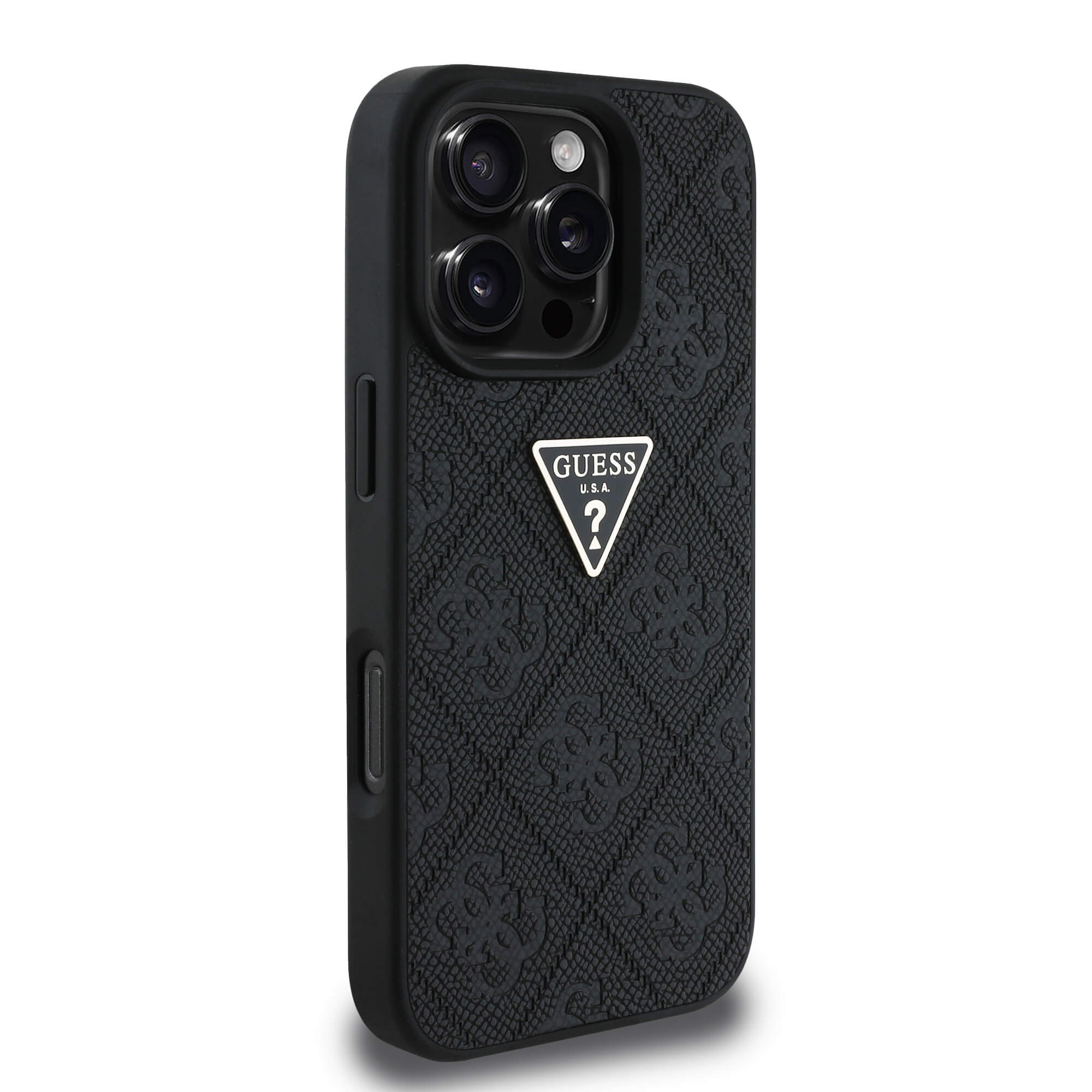 Guess iPhone 16 Pro - Hot Stamp 4G Pattern Triangle Metal Logo - Θήκη με Επένδυση Συνθετικού Δέρματος και Πλαίσιο Σιλικόνης - Black - GUHCP16LPGP4STRK