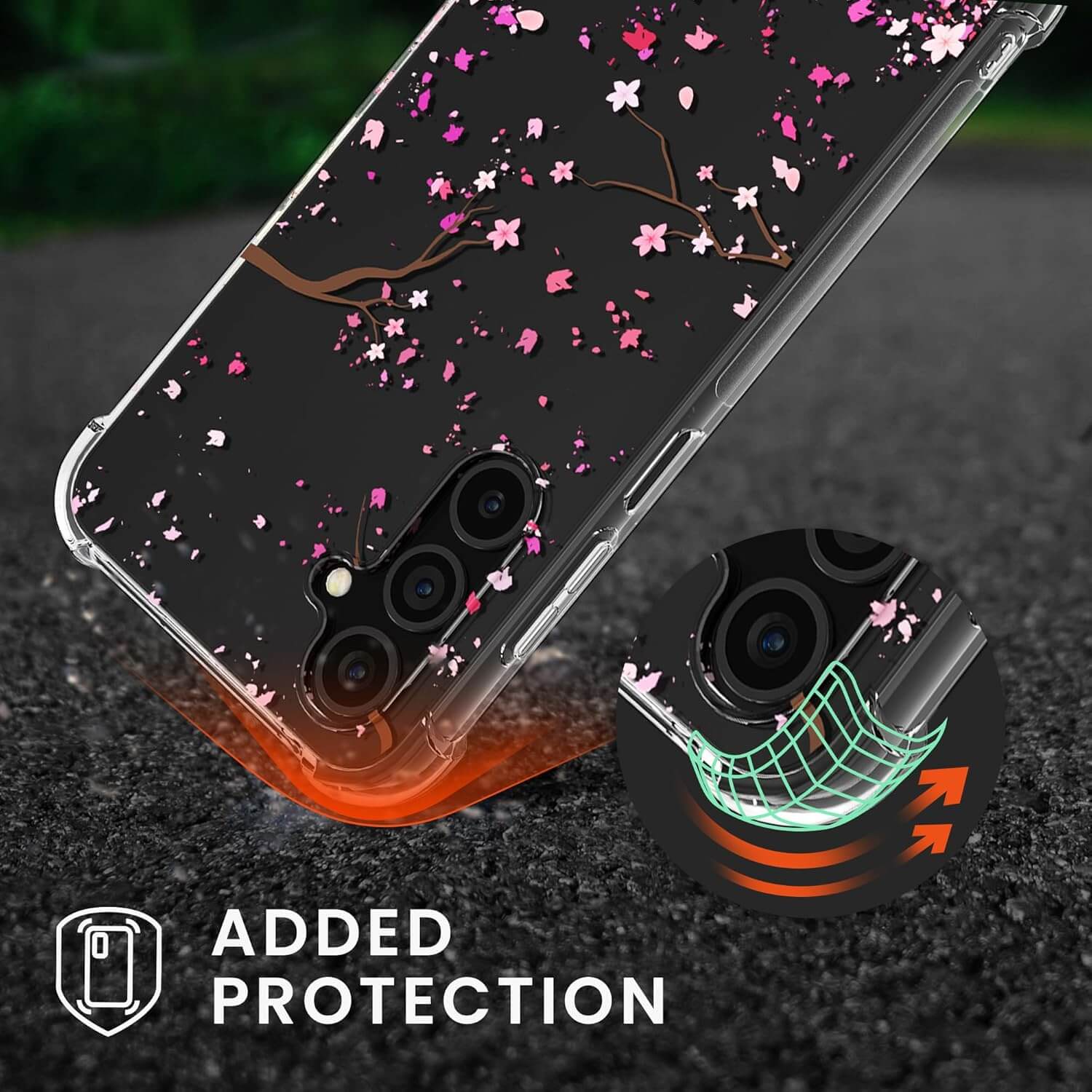 KW Samsung Galaxy A15 4G / A15 5G Θήκη Σιλικόνης TPU με Λουράκι - Design Cherry Blossoms - Pink / Dark Brown / Διάφανη