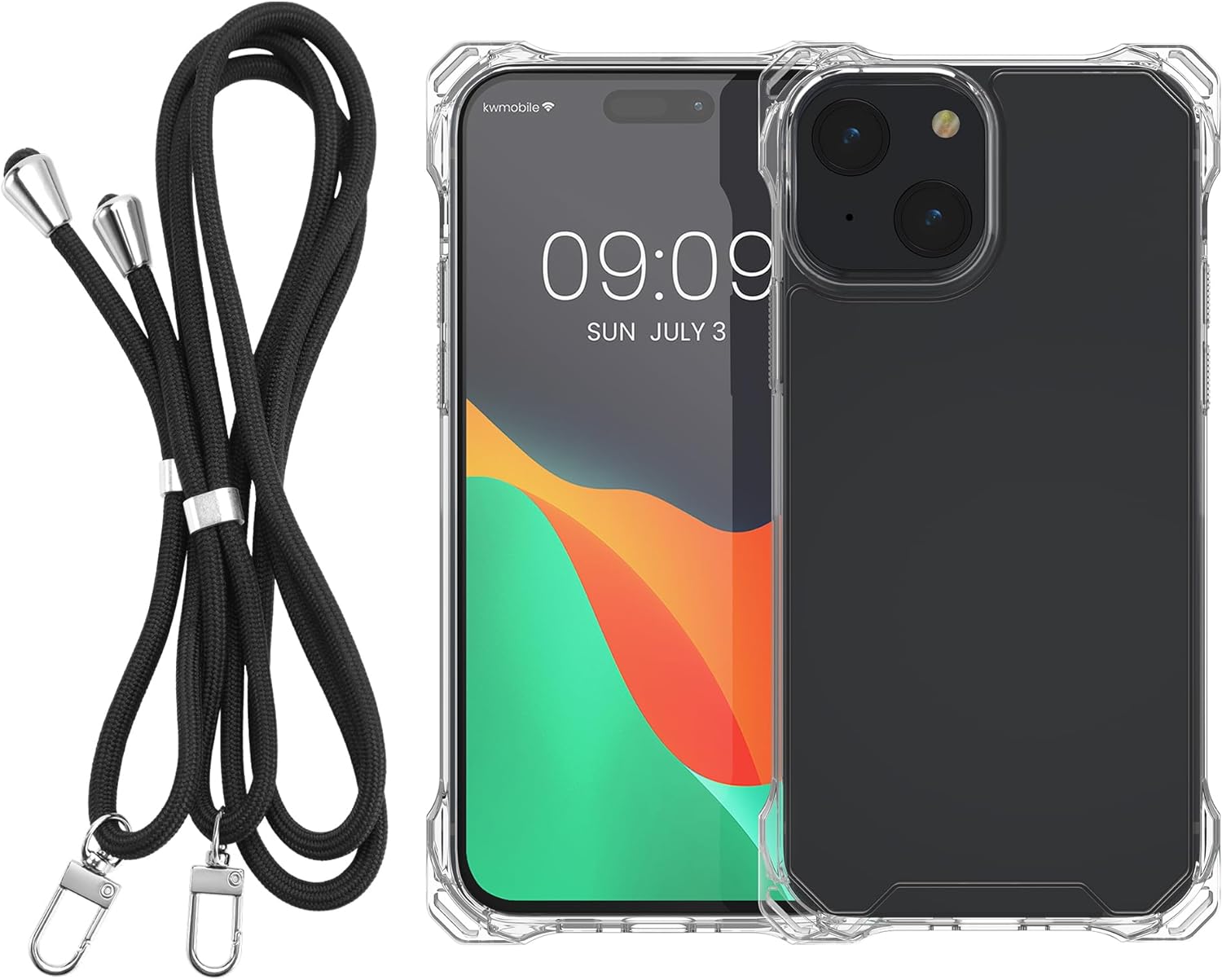 KW iPhone 15 Plus Σκληρή Θήκη με Πλαίσιο Σιλικόνης και Λουράκι - Διάφανη / Black - 62038.01