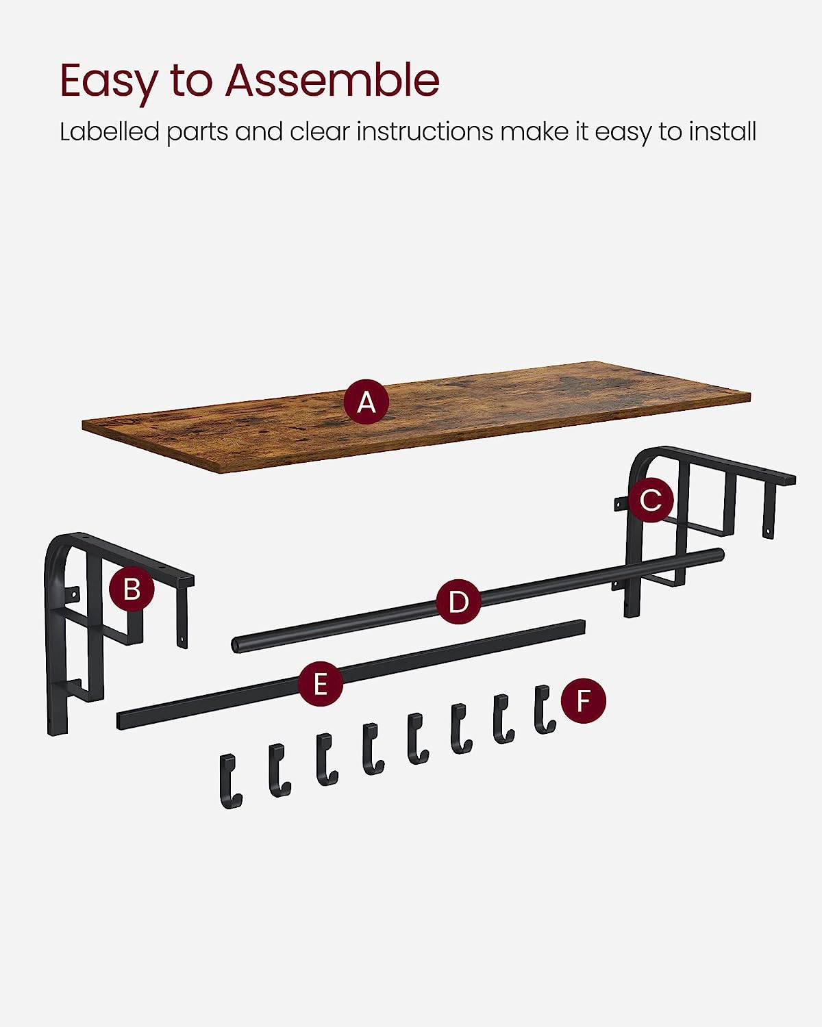 Vasagle Επιτοίχια Κρεμάστρα με Ράβδο και με 5 Αφαιρούμενους Γάντζους - ‎30 x 80 x 27cm - Rustic Brown / Black - LCR102B01