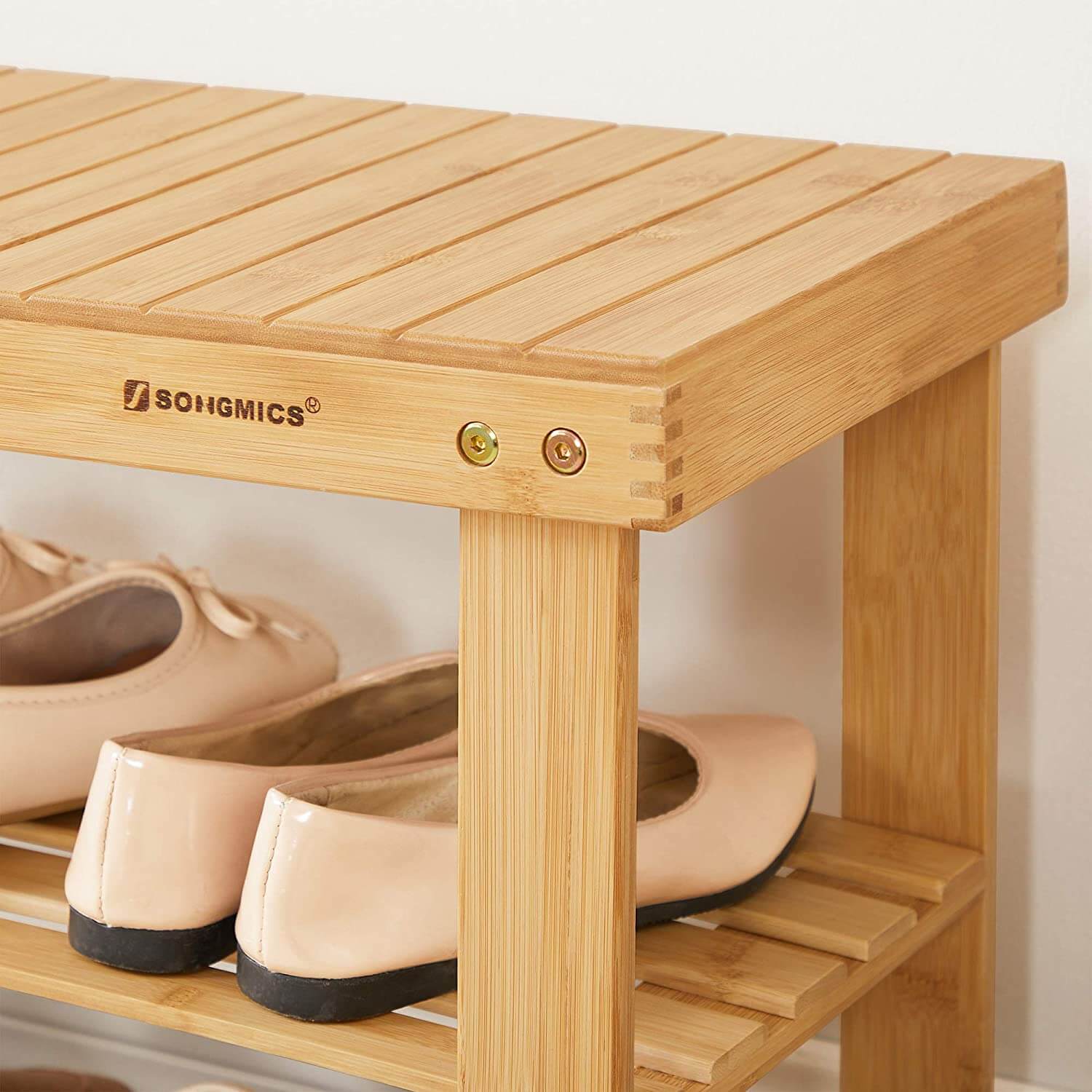 Songmics Παπουτσοθήκη από Μπαμπού με 3 Ράφια και Παγκάκι - Natural - LBS04N