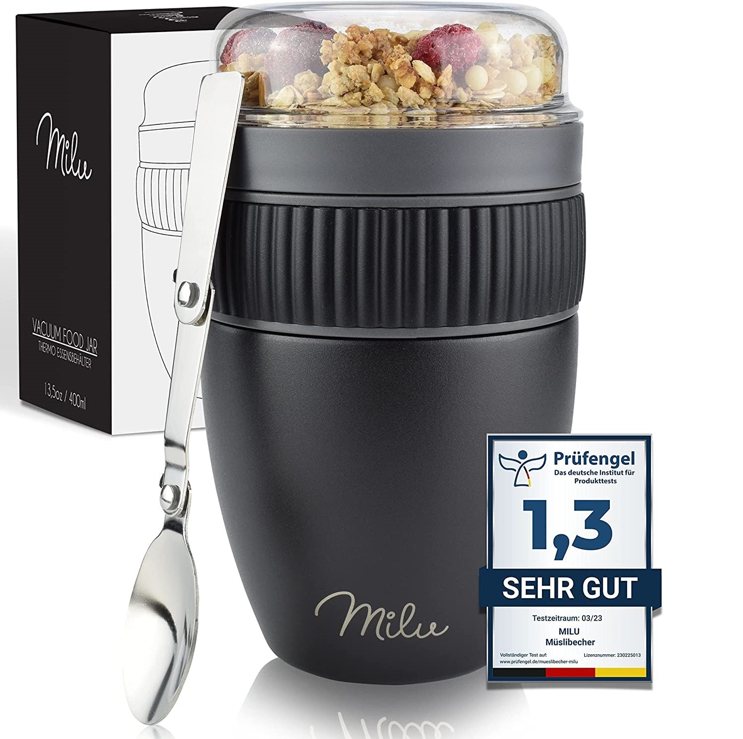 Milu SP Cereal Cup to Go Φορητό Δοχείο Φαγητού από Ανοξείδωτο Ατσάλι με Κουτάλι - 400ml - Black - 2495