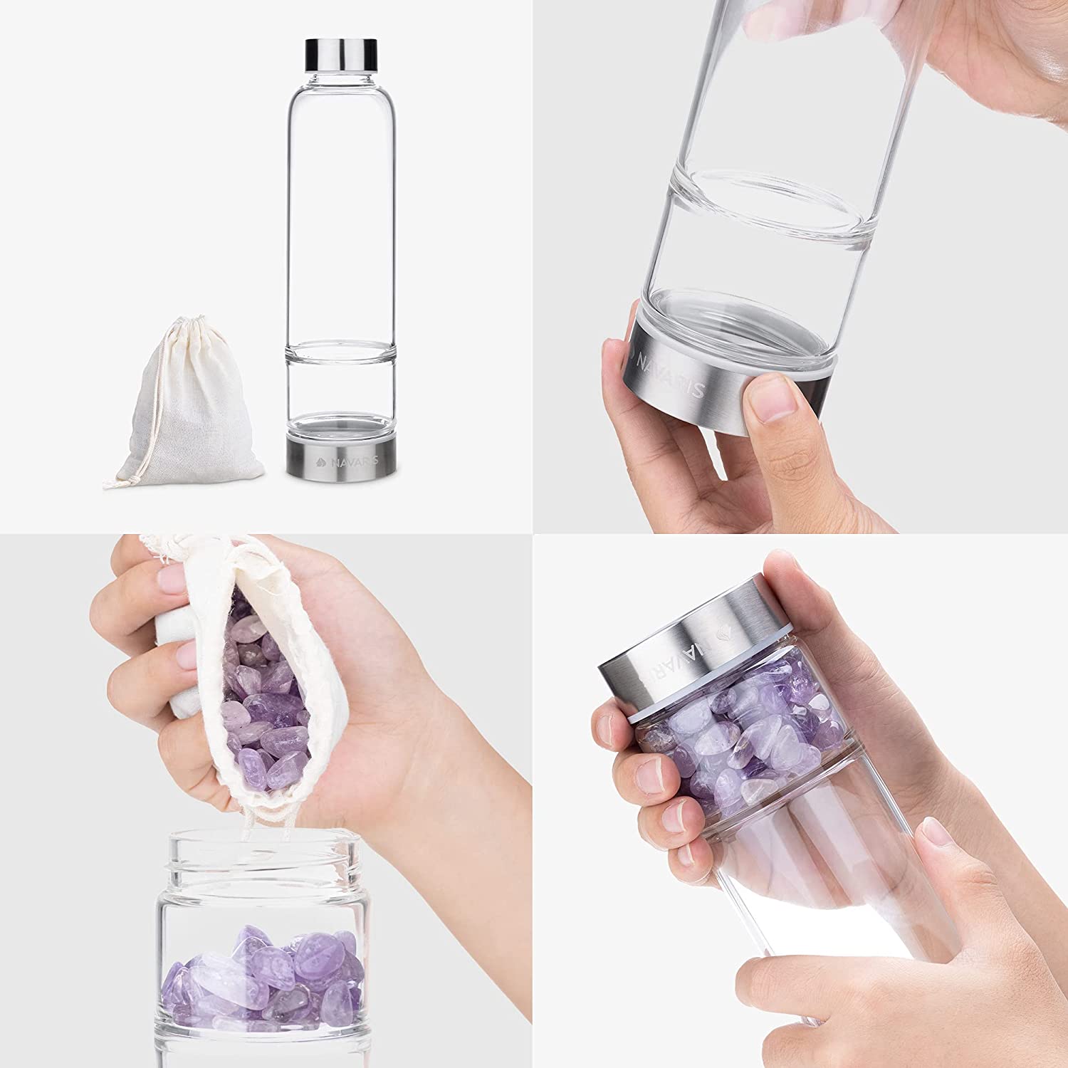 Navaris Γυάλινο Μπουκάλι Νερού με Πέτρες Αμέθυστου και Θήκη - BPA FREE - 420ml - Amethyst Stone - 53150.03