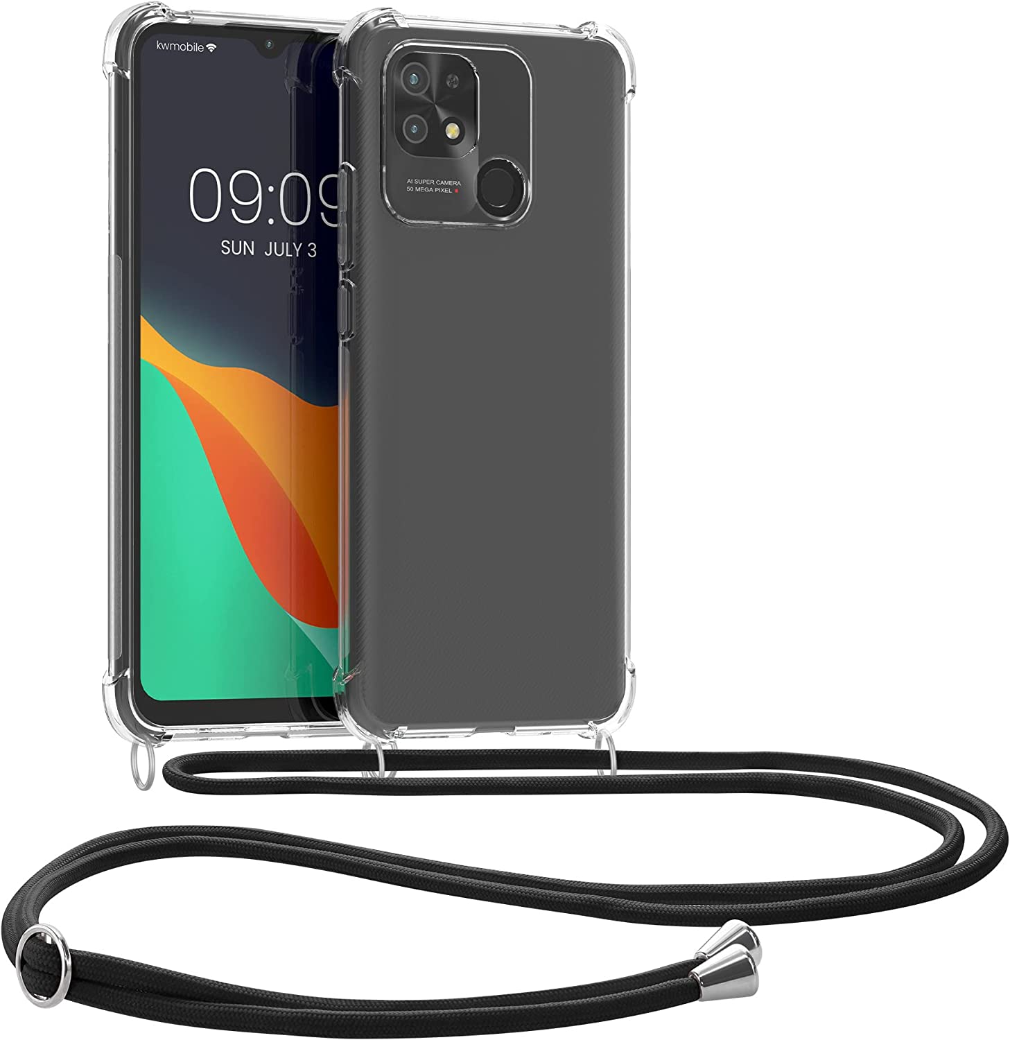 KW Xiaomi Redmi 10C Θήκη Σιλικόνης TPU με Λουράκι - Διάφανη / Black - 59234.01