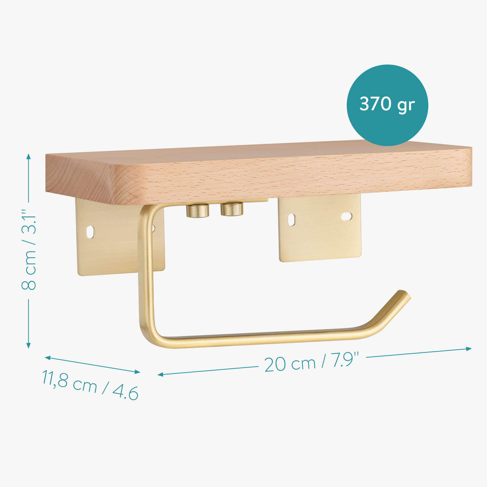 Navaris Επιτοίχια Βάση Ρολού Τουαλέτας με Ράφι από Ξύλο Οξιάς - Light Brown / Gold - 55538.11