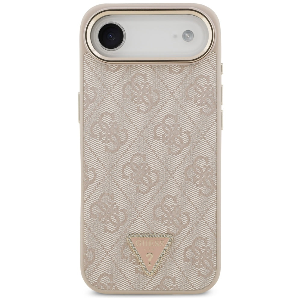 Guess iPhone Air - 4G Triangle Strass Logo MagSafe - Σκληρή Θήκη με Επένδυση Συνθετικού Δέρματος - Pink / Gold - GUHMP17MP4GTDGMP