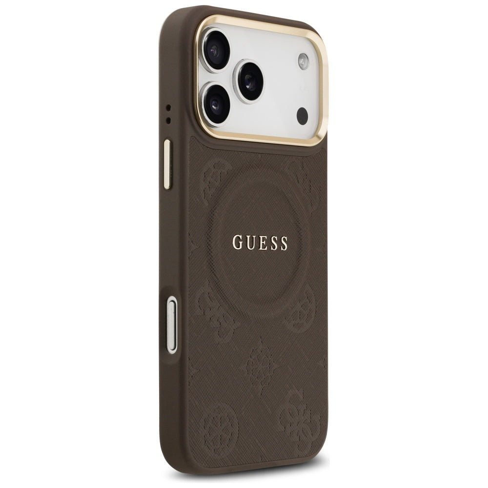 Guess iPhone 17 Pro Max - Peony Hot Stamp MagSafe - Σκληρή Θήκη με Επένδυση Συνθετικού Δέρματος - Brown - GUHMP17XPSAMSECW