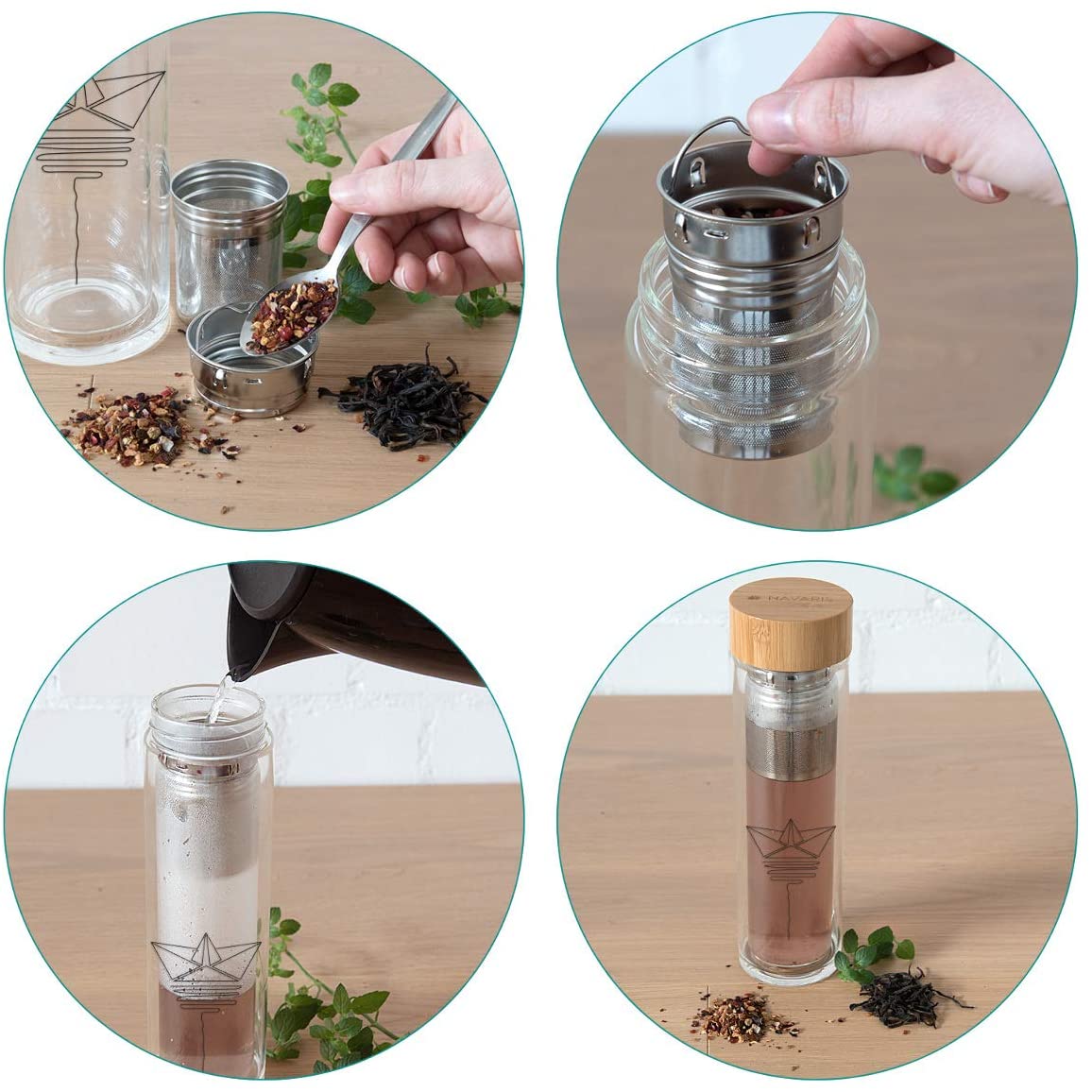 Navaris Γυάλινο Μπουκάλι Τσαγιού με Θήκη μεταφοράς - 500ml - Design Paper Boat - Clear - 45888.2.02