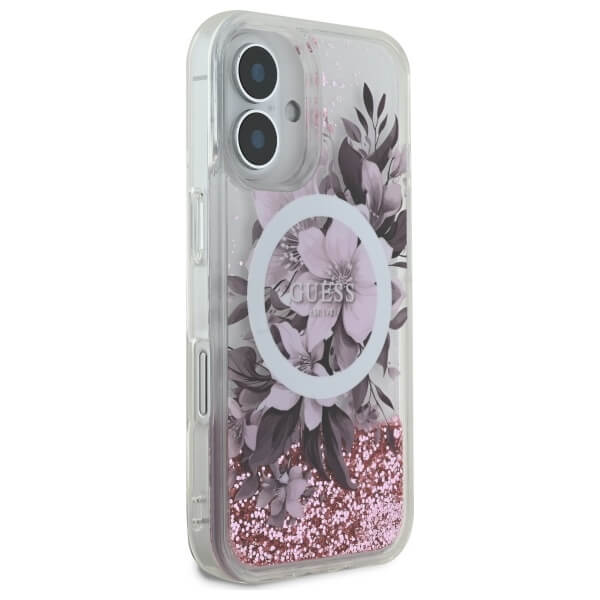 Guess iPhone 16 - Liquid Glitter Flower MagSafe - Σκληρή Θήκη με Πλαίσιο Σιλικόνης - Pink - GUHMP16SLFMWTP