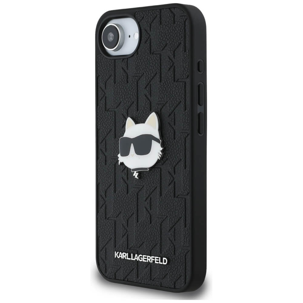 Karl Lagerfeld iPhone 16e - Monogram Choupette Head Pin Σκληρή Θήκη με Επένδυση Συνθετικού Δέρματος - Black - KLHCPSE4PGKLCHPK