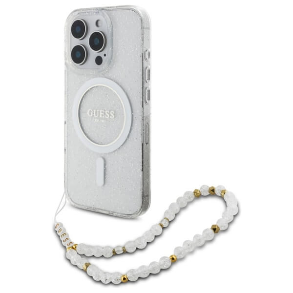 Guess iPhone 16 Pro - IML Glitter With Pearl Strap MagSafe - Σκληρή Θήκη με Πλαίσιο Σιλικόνης και Λουράκι - Διάφανη - GUHMP16LHGCRELST