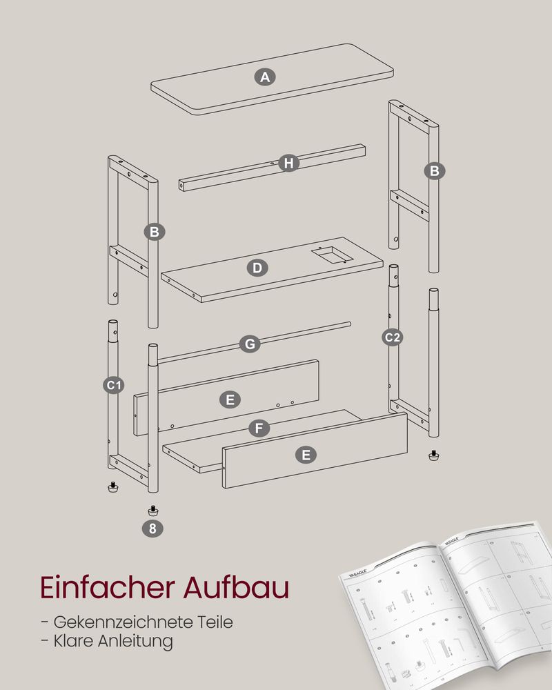 Vasagle Στενό Βοηθητικό Τραπεζάκι με Ενσωματωμένο Πολύπριζο με 1 Θύρα AC και 2 Θύρες USB - Greige Mottled / Ink Black - LET335K05