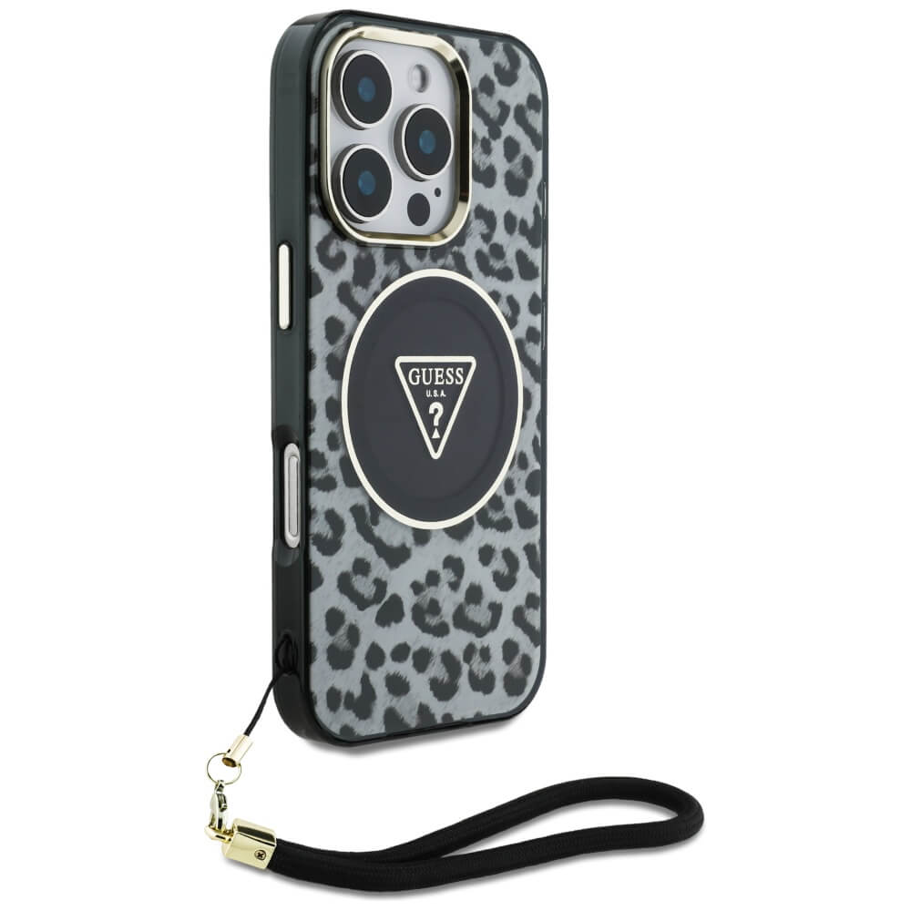 Guess iPhone 16 Pro Max - HC IML Leopard Triangle Cord Strap MagSafe - Σκληρή Θήκη με Πλαίσιο Σιλικόνης και Λουράκι - Black - GUHMP16XHLORSSK