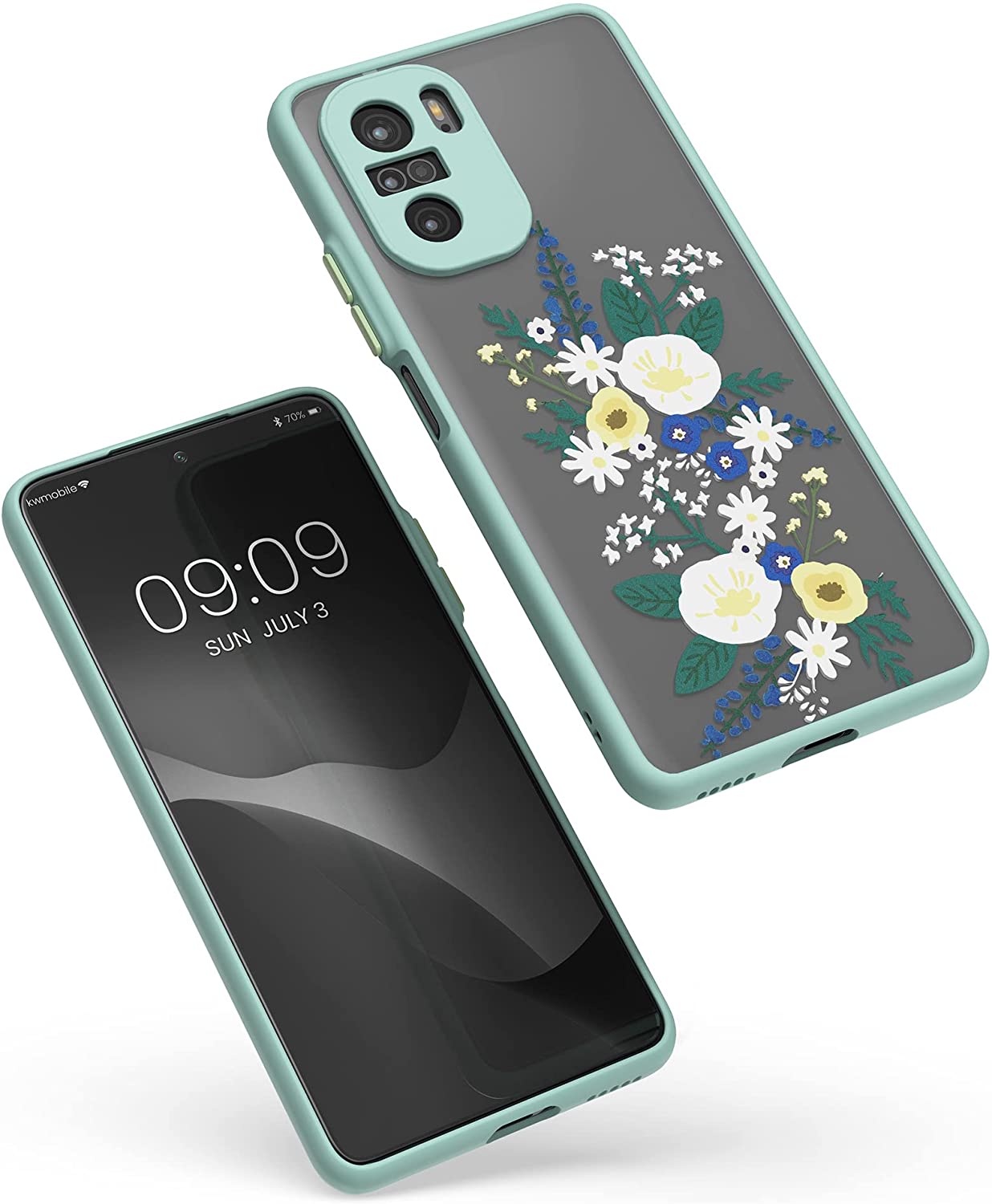 KW Xiaomi Poco F3 / Mi 11i Σκληρή Θήκη με Πλαίσιο Σιλικόνης - Design Spring Flowers - Mint / Yellow - Matte Ημιδιάφανη - 56441.01