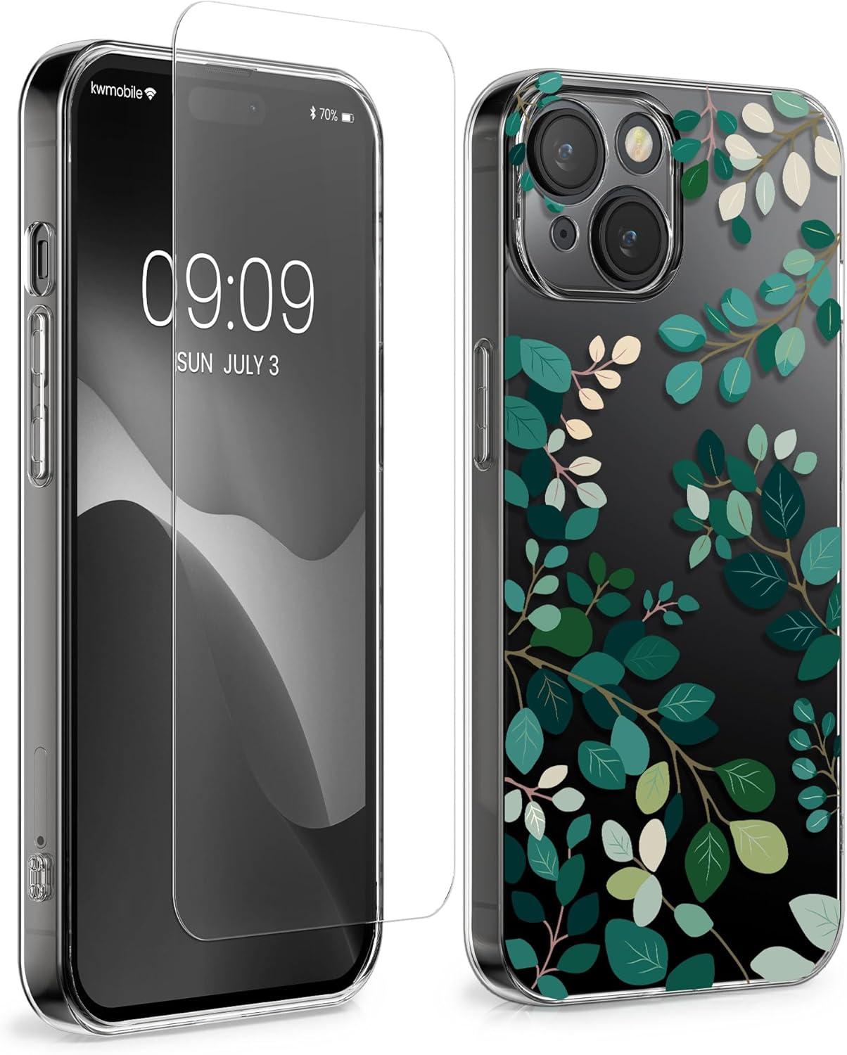 KW iPhone 15 Θήκη Σιλικόνης TPU με Αντιχαρακτικό Γυαλί - Design Spring Leaves - Green / Διάφανη