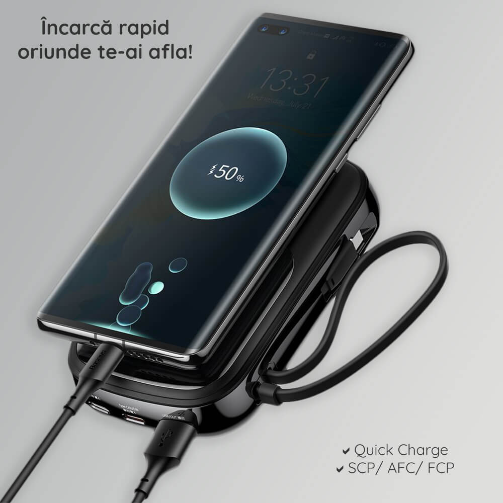Baseus Qpow Pro+ Power Bank 10000mAh 22.5W με Οθόνη και Ενσωματωμένα Καλώδια Type-C και Lightning - Black - P10055003113-00