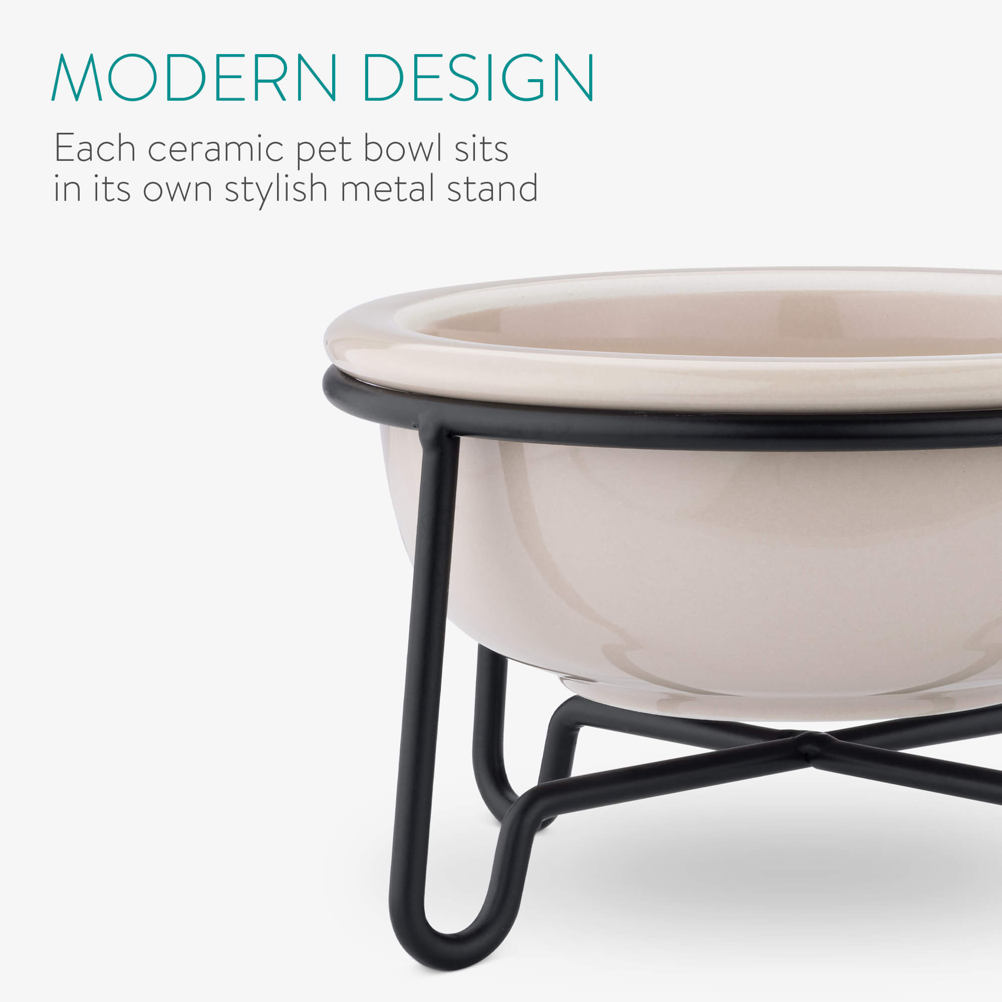 Navaris Σετ με 2 Κεραμικά Μπολ Φαγητού και Νερού με Μεταλλική Βάση για Κατοικίδια - 380ml - Beige / Grey - Black - 55724.11