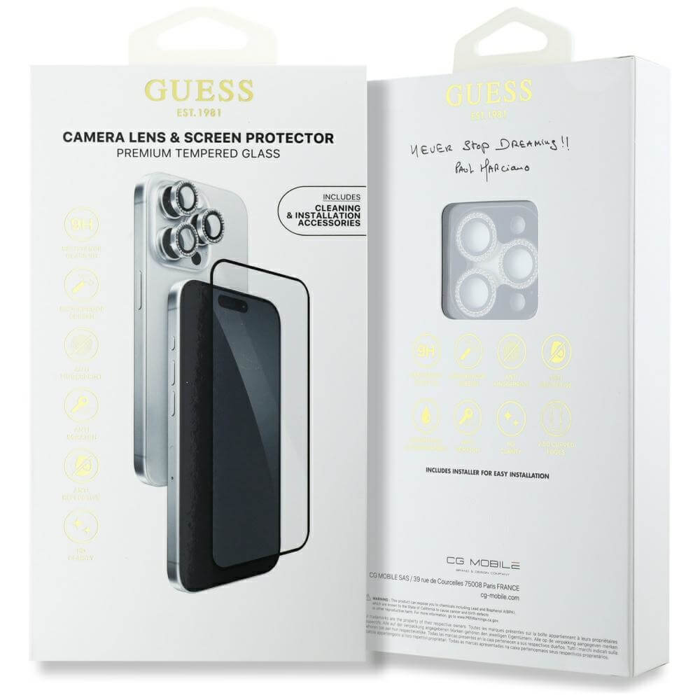 Guess iPhone 16 Pro Max - BP Rhinestone - Σετ με 1 Αντιχαρακτικό Γυαλί Οθόνης και 1 Αντιχαρακτικό Γυαλί για την Κάμερα - Silver