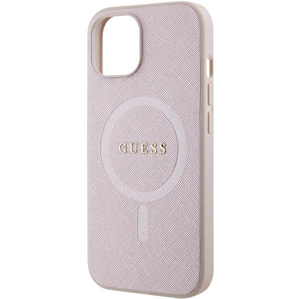 Guess iPhone 15 Plus Saffiano MagSafe Σκληρή Θήκη με Πλαίσιο Σιλικόνης και MagSafe - Pink - GUHMP15MPSAHMCP