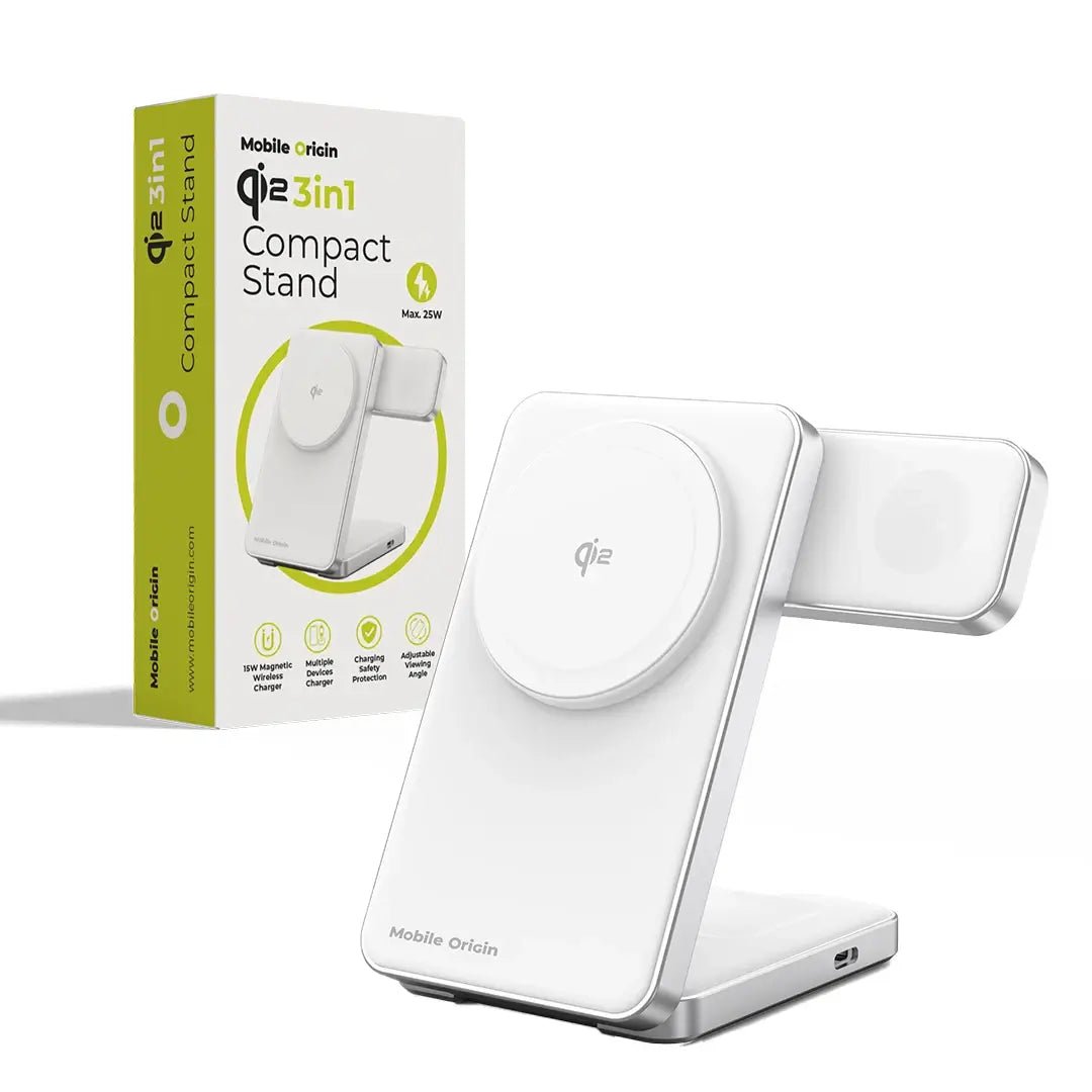 Mobile Origin Qi2 CompactStand 3in1 Ασύρματος Μαγνητικός Φορτιστής MagSafe - White / Silver