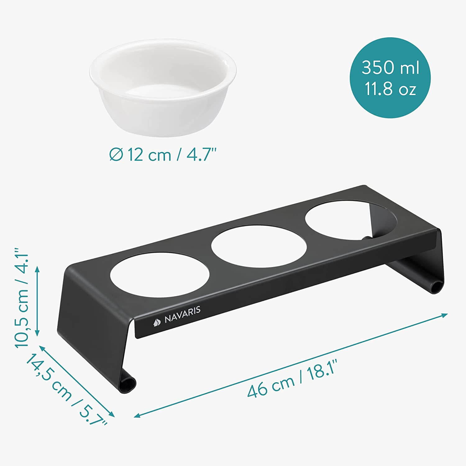 Navaris Σετ με 3 Κεραμικά Μπολ Φαγητού και Νερού με Μεταλλική Βάση για Κατοικίδια - 350ml - ‎Dark Grey - 59326.01.19