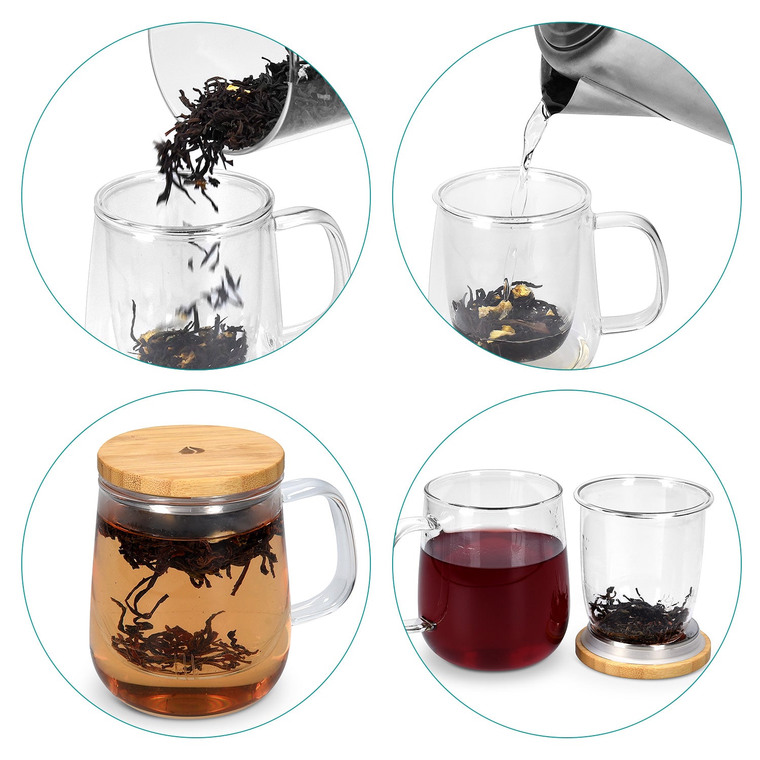 Navaris Tea Mug with Infuser and Bamboo Lid Κούπα για Τσάι με Καπάκι από Μπαμπού - 500ml - Clear - 50093.01