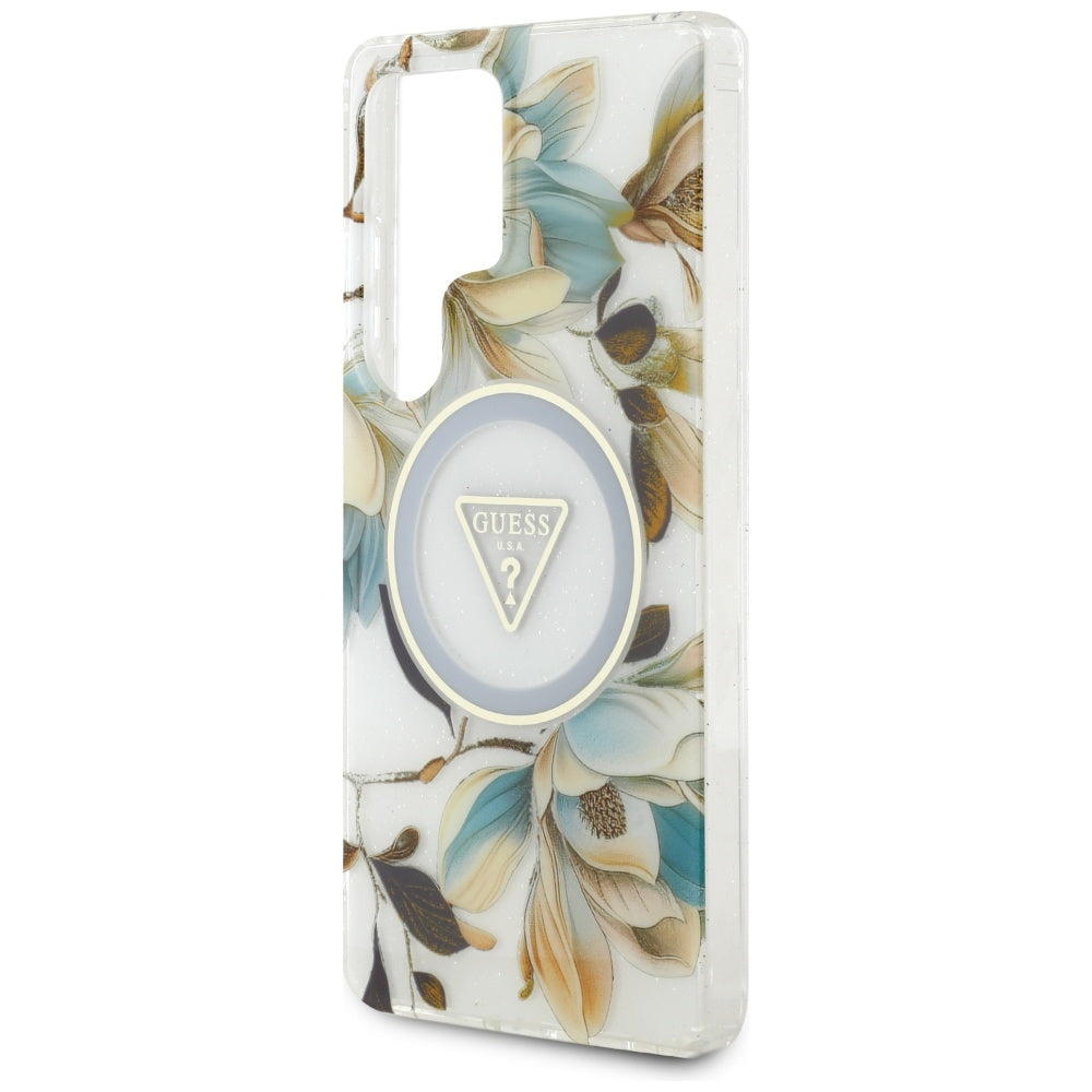 Guess Samsung Galaxy S25 Ultra - Glitter Flowers Triangle Buttons MagSafe - Σκληρή Θήκη με Πλαίσιο Σιλικόνης - White - GUHMS25LHFLPEDH