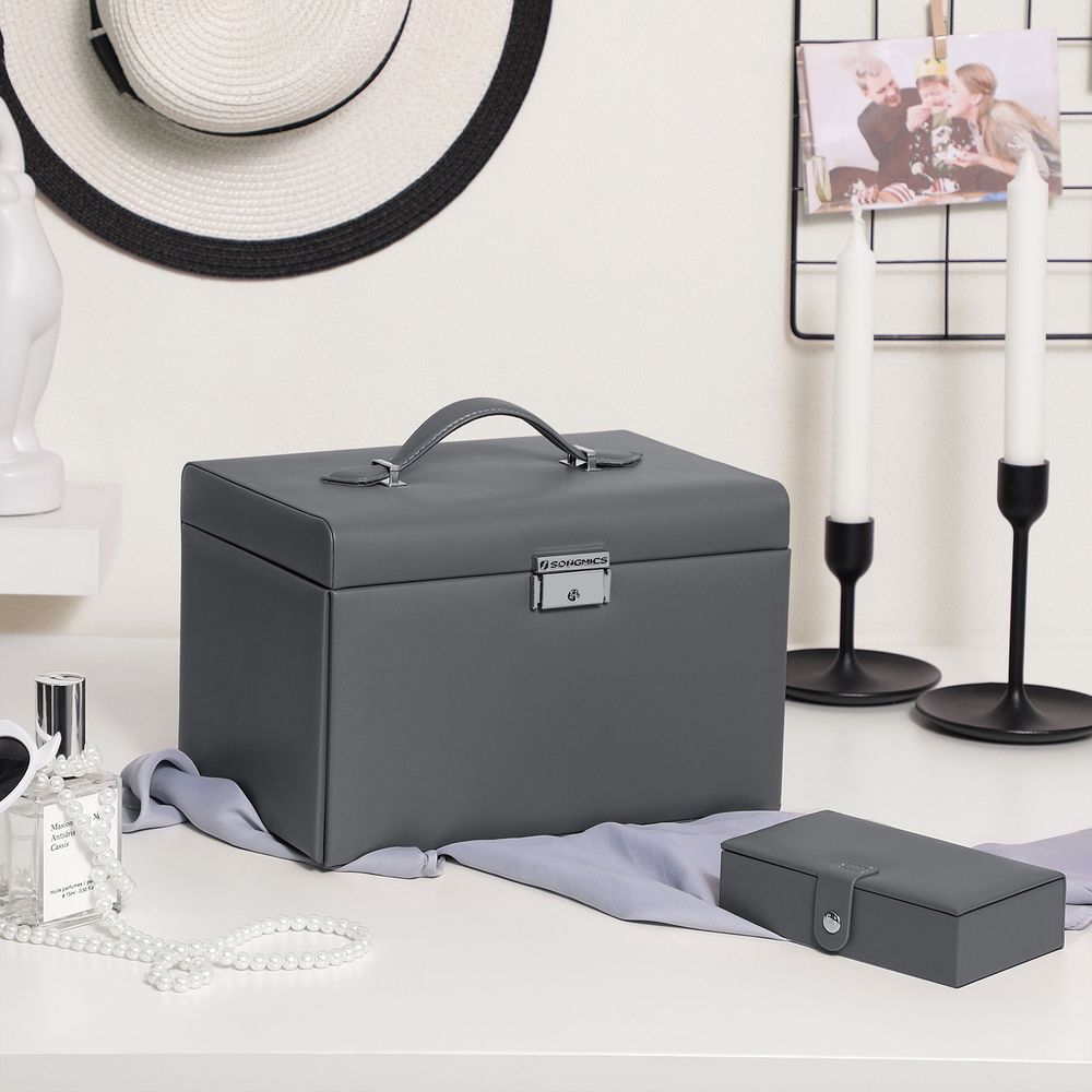 Songmics Φορητό Κουτί Αποθήκευσης Κοσμημάτων 3 Επιπέδων με Καθρέπτη και Κλειδαριά - Grey - JBC121G01