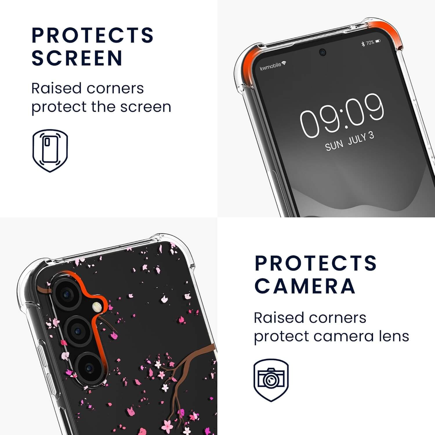 KW Samsung Galaxy A15 4G / A15 5G Θήκη Σιλικόνης TPU με Λουράκι - Design Cherry Blossoms - Pink / Dark Brown / Διάφανη