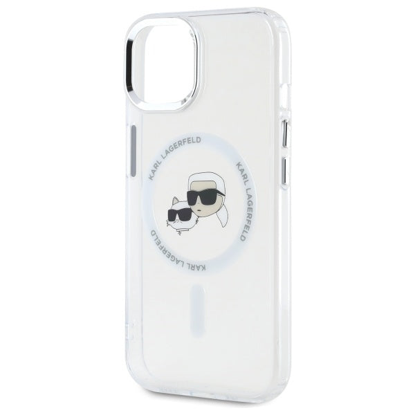 Karl Lagerfeld iPhone 15 - IML Metal Karl and Choupette Head - Σκληρή Θήκη με Πλαίσιο Σιλικόνης και MagSafe - White - KLHMP15SHLSKCH