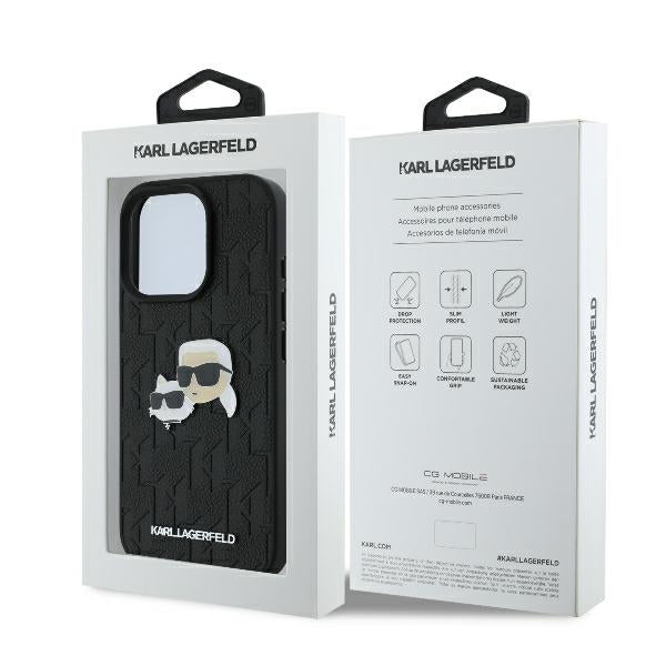 Karl Lagerfeld iPhone 16 Pro - Monogram Karl and Choupette Head Pin Σκληρή Θήκη με Επένδυση Συνθετικού Δέρματος - Black - KLHCP16LPGKLKCPK