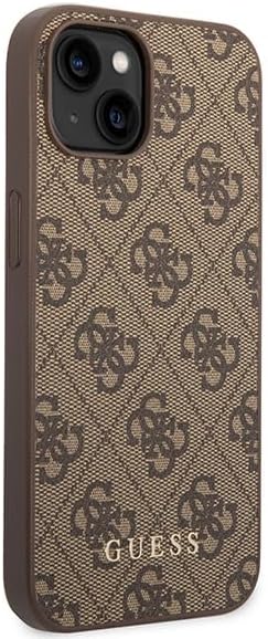 Guess iPhone 15 Plus - 4G Metal Gold Logo Σκληρή Θήκη με Επένδυση Συνθετικού Δέρματος - Brown - GUHCP15MG4GFBR