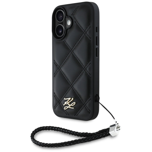 Karl Lagerfeld iPhone 16 - Quilted Initial Logo and Chain Strap - Θήκη με Επένδυση Συνθετικού Δέρματος και Λουράκι - Black - KLHCP16SPSQSKLSMSK - likebrands.gr