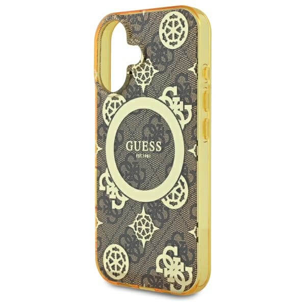 Guess iPhone 16 - IML Peony On 4G Background MagSafe - Θήκη με Επένδυση Συνθετικού Δέρματος - Brown - GUHMP16SH4PYEEW
