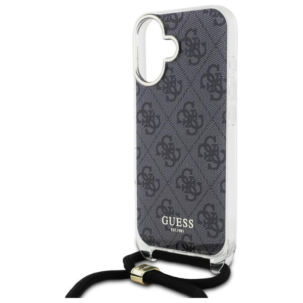 Guess iPhone 16 - Crossbody Cord 4G Print - Σκληρή Θήκη με Πλαίσιο Σιλικόνης και Λουράκι - Black - GUHCP16SHC4SEK